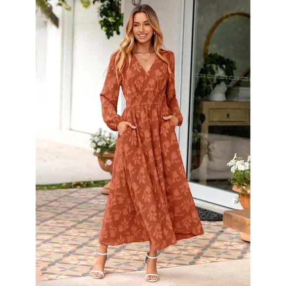 Womens Maxi Dress Boho Floral Long Sleeve V Neck Empire Waist for Wedding Womens Maxi Dress Boho Floral Long Sleeve V Neck Empire Waist for Wedding